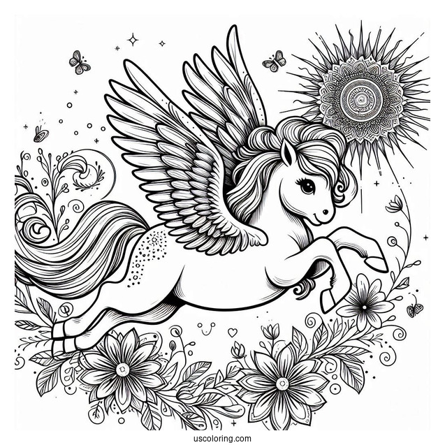 Baby Pegasus Coloring Page Leaping Over Flower Mandala