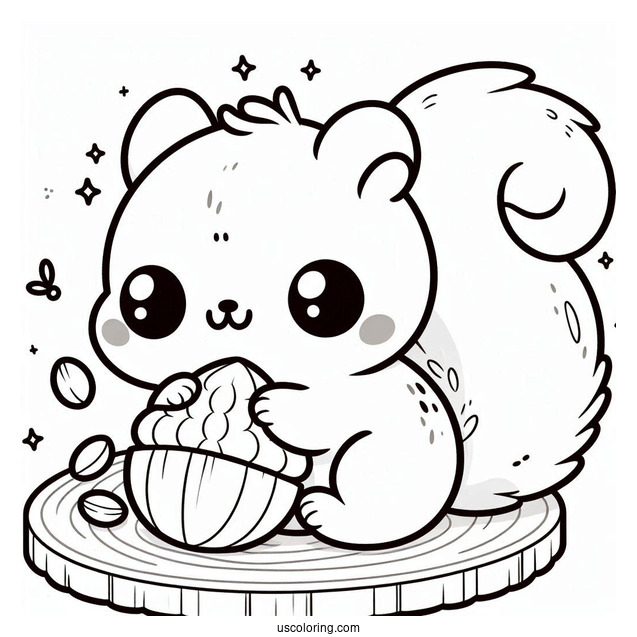 Kawaii Fluffy Squirrel Coloring Page Chewing On Nut