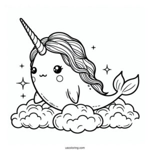 Narwhal Coloring Page With Pretty Mane In The Clouds For Kids