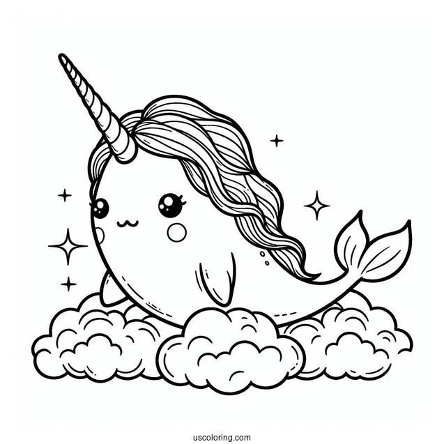 Narwhal Coloring Page With Pretty Mane In The Clouds For Kids