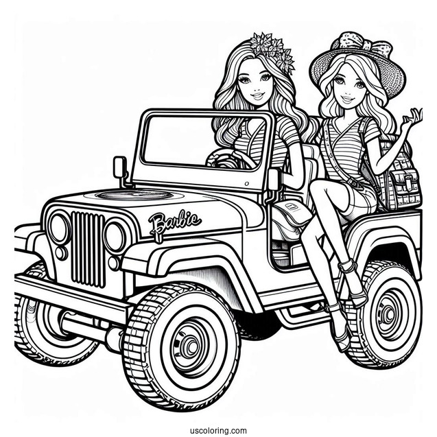 Barbie And Friend In Jeep To Color