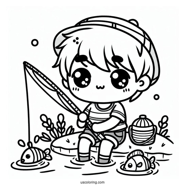 Kawaii Little Boy Fishing Coloring Page In The River For Preschoolers