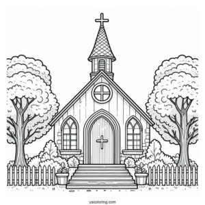 Small Church Coloring Page Surrounded By Trees For Preschoolers