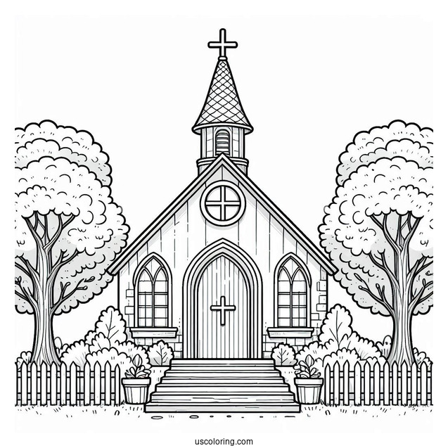 Small Church Coloring Page Surrounded By Trees For Preschoolers