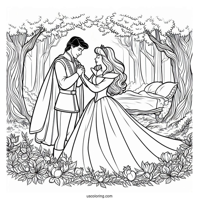 Sleeping Beauty Coloring Page Of Prince Philip Courting Aurora In The Forest