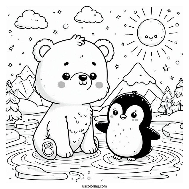 Young Bear And Penguin Floating On An Ice In The North Pole Coloring Page