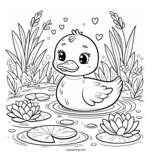 Peaceful Duck on Lily Pad in Pond Coloring Sheet For Preschoolers
