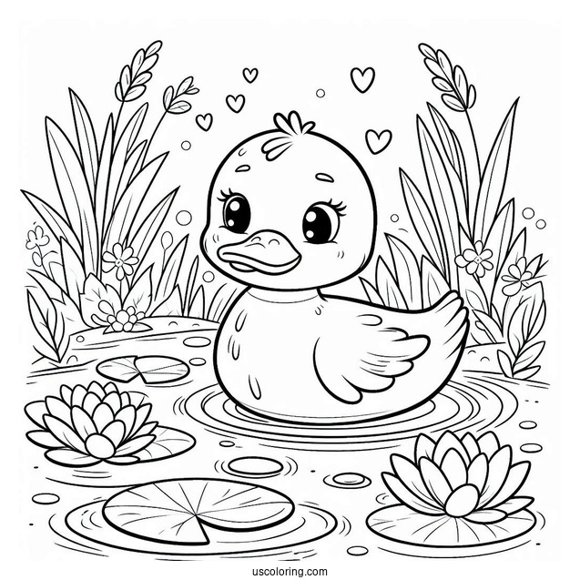 Peaceful Duck on Lily Pad in Pond Coloring Sheet For Preschoolers