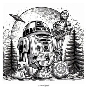 Detailed R2-D2 Coloring Page With C3PO