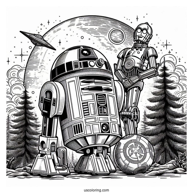 Detailed R2-D2 Coloring Page With C3PO