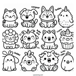 Smiling Critters Coloring Page Of CatNap, DogDay, Bobby BearHug, Bubba Bubbaphant, CraftyCorn, Hoppy Hopscotch, KickinChicken, And PickyPiggy