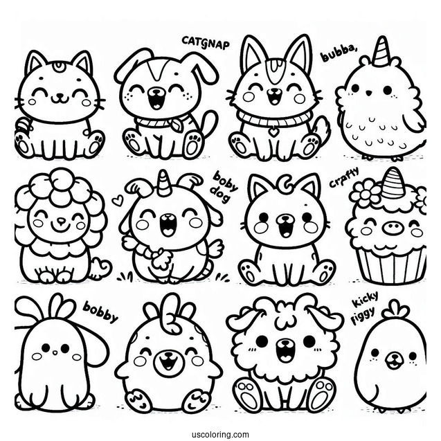Smiling Critters Coloring Page Of CatNap, DogDay, Bobby BearHug, Bubba Bubbaphant, CraftyCorn, Hoppy Hopscotch, KickinChicken, And PickyPiggy