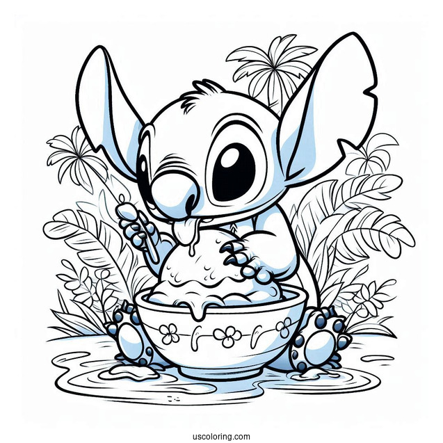Stitch Playing In a Bowl Of Ice Cream To Color