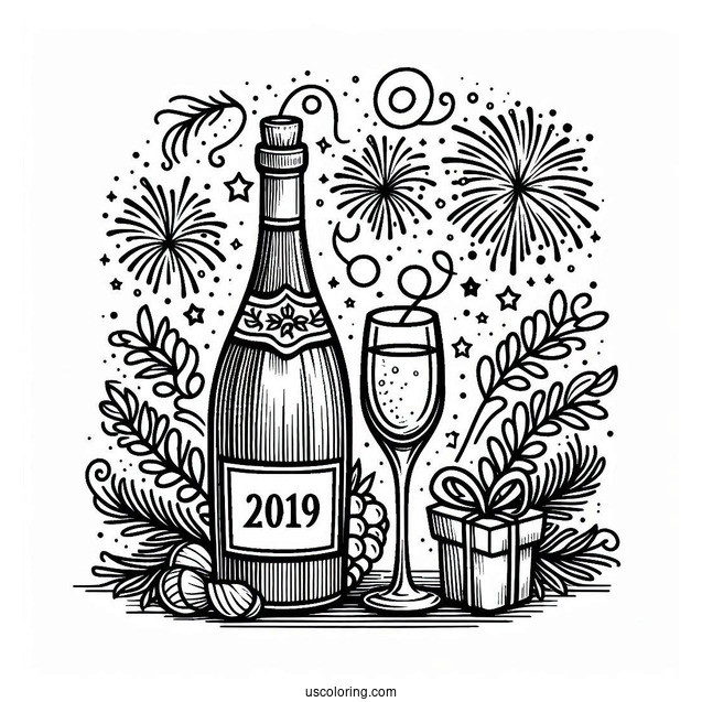 New Year Coloring Page Of Wine Bottle And Glasses