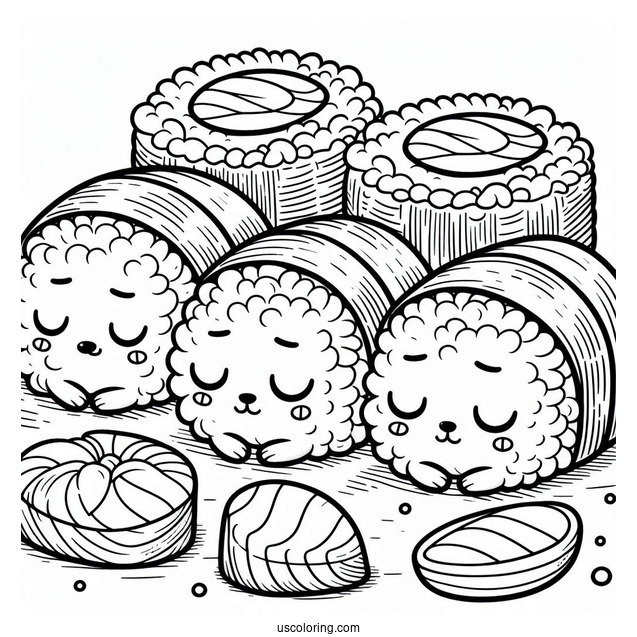 Three Sleeping Nigiri Sushi Coloring Pages