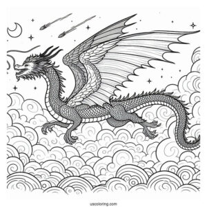 Dragon Flying In A Cloudy Sky Coloring Page