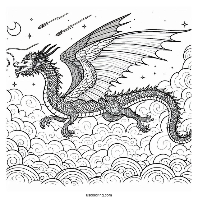 Dragon Flying In A Cloudy Sky Coloring Page