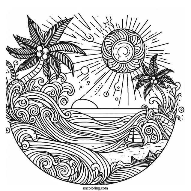 Beach Coloring Page Mandala With Large Waves