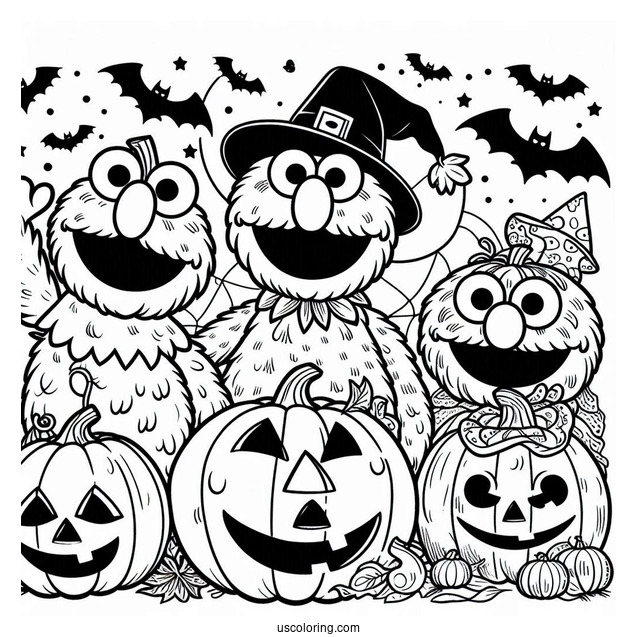 Halloween Sesame Street With Jack-O-Lanterns Coloring Page