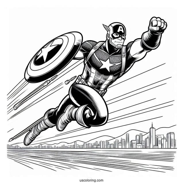 Captain America Leaping Through The Air To Color