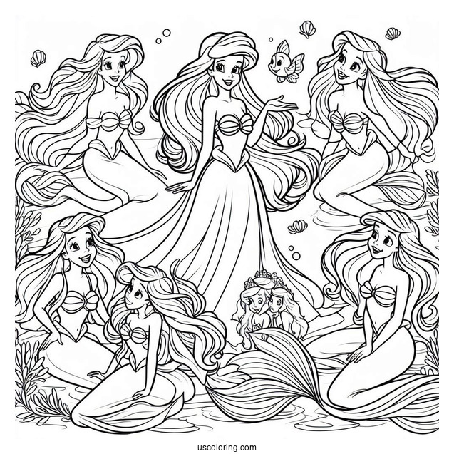 Coloring Page Of Ariel With Her Six Sisters