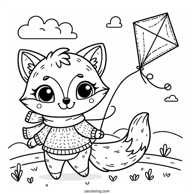 Small Fox Flying A Kite Coloring Page For Preschoolers