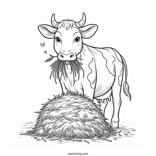 Cow With Horns Eating Hay Coloring Page