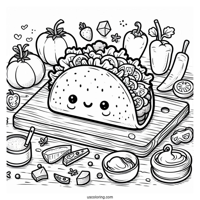 Cute Taco On A Chopping Board Surrounded By Vegetables