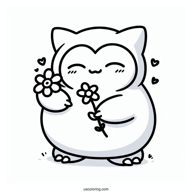 Kawaii Snorlax Coloring Page Holding Flower For Kids