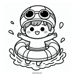 Swimming Coloring Page Of Happy Little Boy Wearing Pool Float For Kids