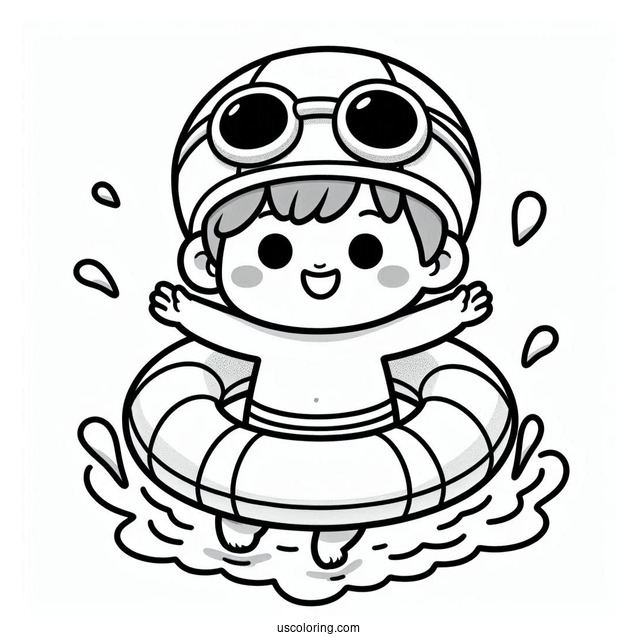 Swimming Coloring Page Of Happy Little Boy Wearing Pool Float For Kids