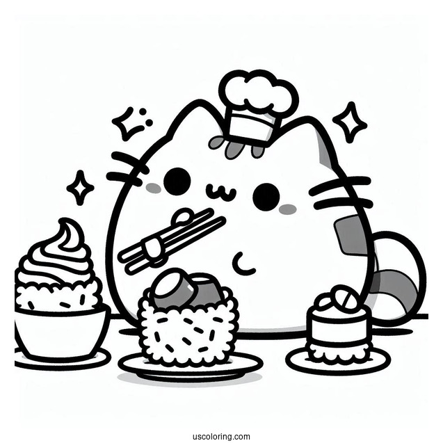 Kawaii Pusheen Eating Sushi Coloring Page