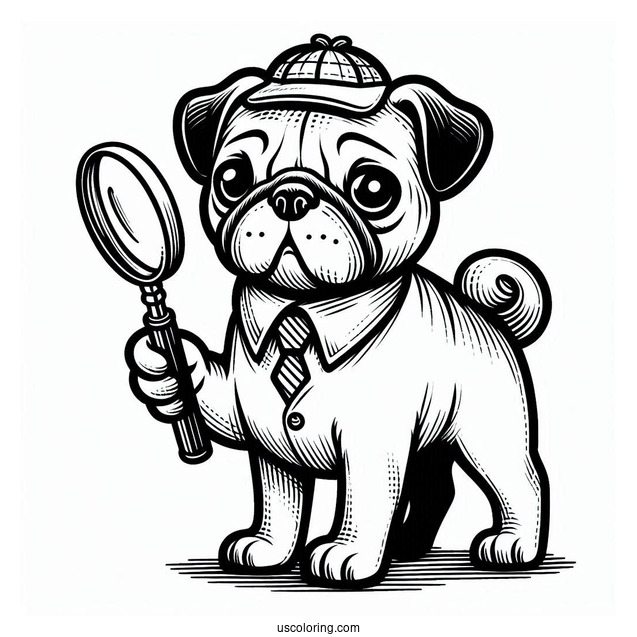 Detective Pug Coloring Page with Magnifying Glass