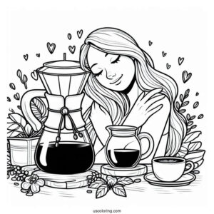 Coffee Coloring Pages Of Easy Woman Hugging Chemex Coffee Maker For Kids