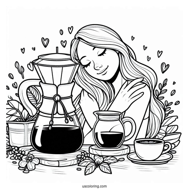 Coffee Coloring Pages Of Easy Woman Hugging Chemex Coffee Maker For Kids
