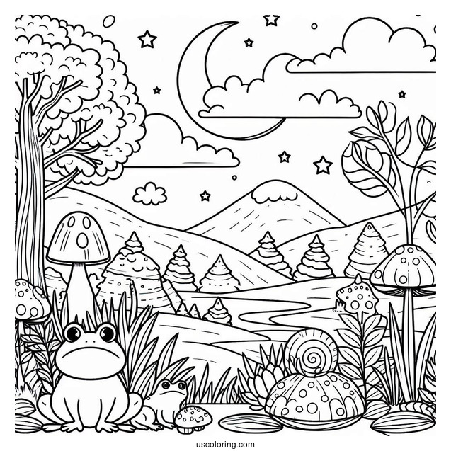 Cute Coloring Page Landscape With Mushrooms And Frogs