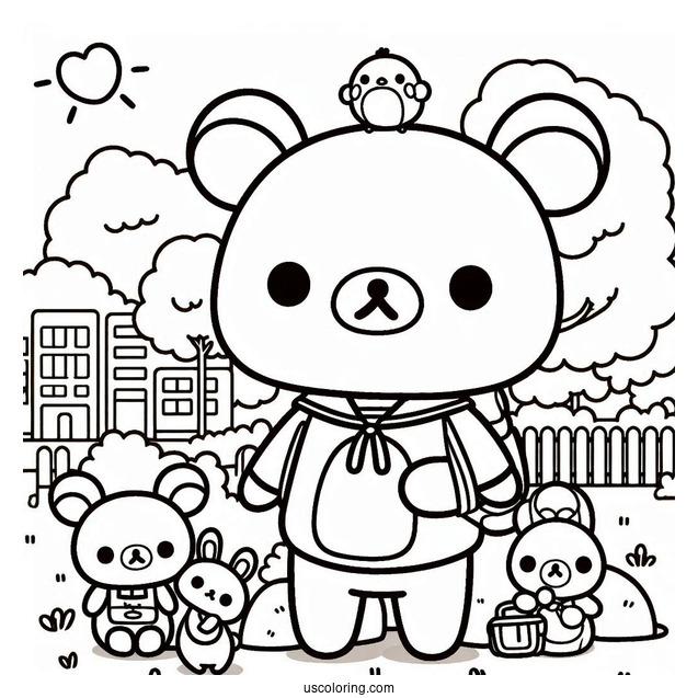 Rilakkuma Coloring Page At The Park With Korilakkuma, Kiiroitori, And Chairoikoguma