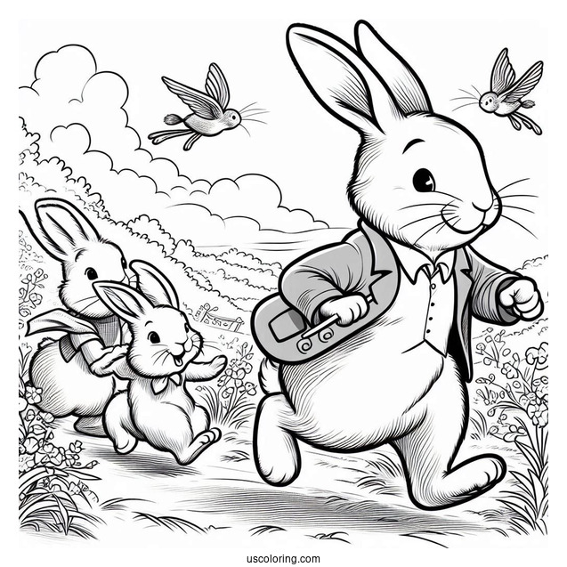 Thomas McGregor Chasing Peter Rabbit Coloring Page, Flops, Mopsy, Cotton Tail, And Friends