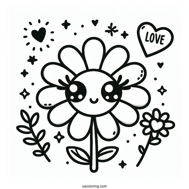 Peace Coloring Page Of Cute Flower With Love Heart For Eyes For Preschoolers