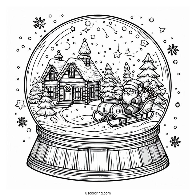 Snow Globe Coloring Page With Winter Cottage And Santa On A Sleigh
