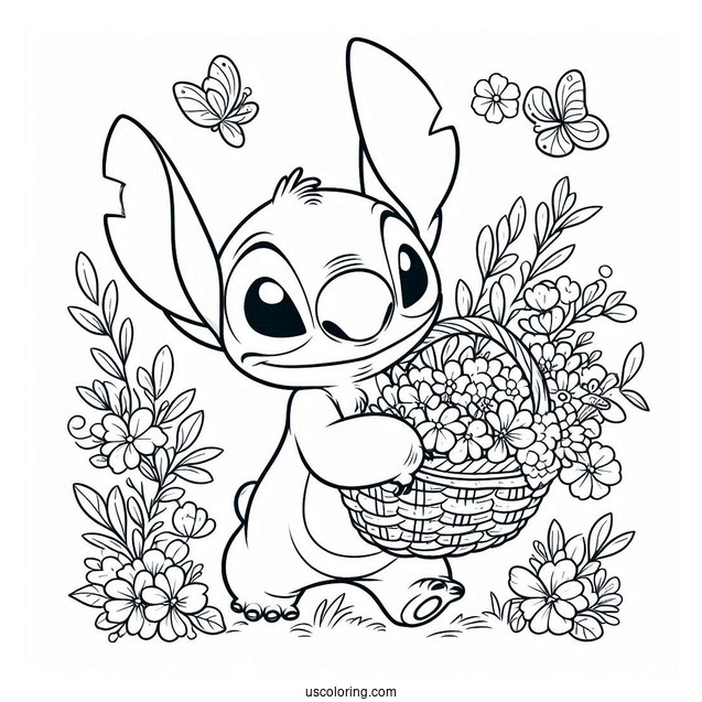Stitch Carrying A Basket Of Flowers In Spring Coloring Page For Kids