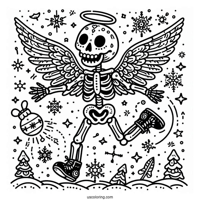 Skeleton Coloring Page Making Snow Angel On Christmas