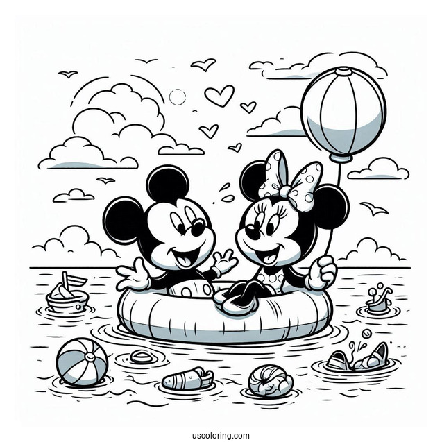 Swimming Coloring Page Of Mickey Mouse And Minnie Mouse On An Inflatable At The Beach