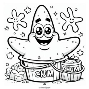 Smiling Patrick Star Coloring Page In Front Of Chum Bucket