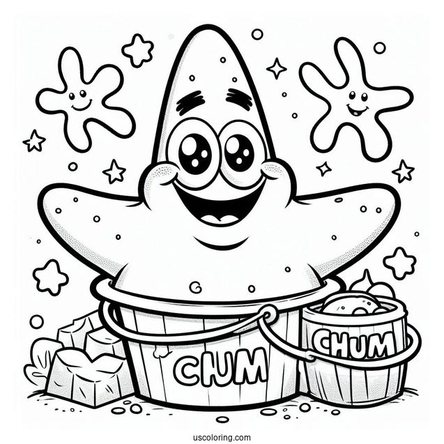 Smiling Patrick Star Coloring Page In Front Of Chum Bucket
