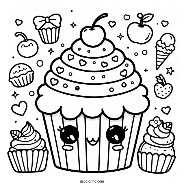 Adorable Kawaii Cupcake To Color