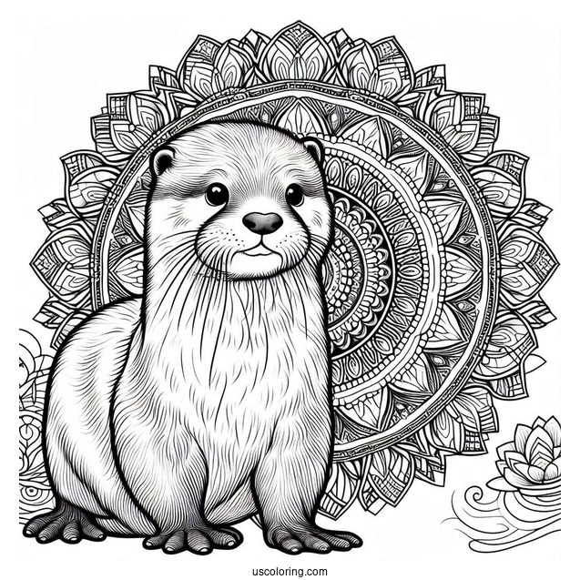 Adult Otter Coloring Page Standing In Front Of Mandala