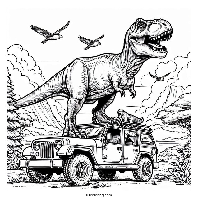 Jurassic Park T-Rex Standing On Jeep