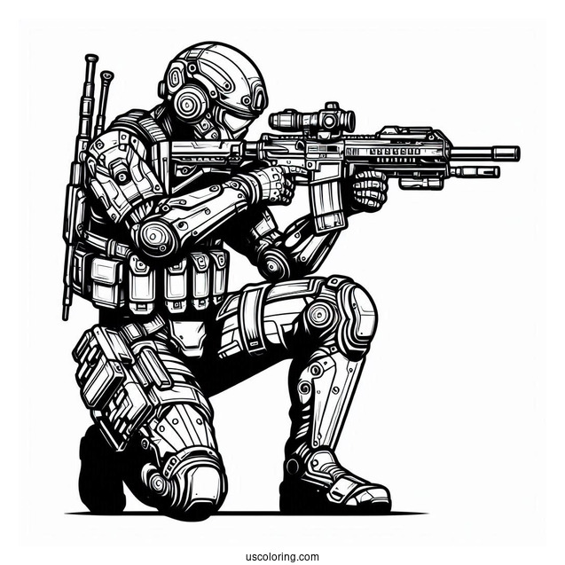 Futuristic Soldier Coloring Page Outline