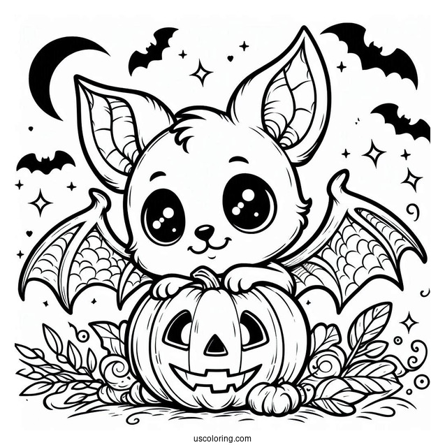 Cartoon Bat Coloring Page Holding Jack O Lantern